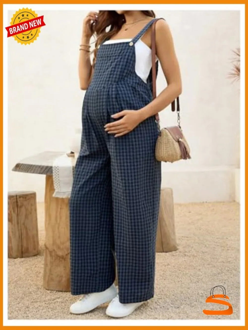 Maternity Gingham Overalls Wide Leg Sleeveless Plaid Print Button Closure